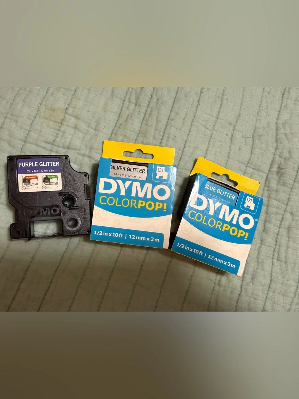 Dymo D1 Label Tape Cartridges - Blue,Purple & Silver Glitter COLORPOP!
